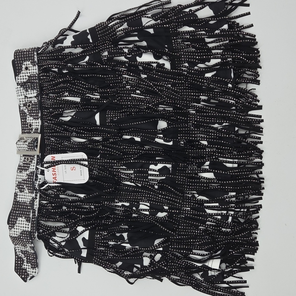 Black and White Cow Print Fringe Skirt NWT